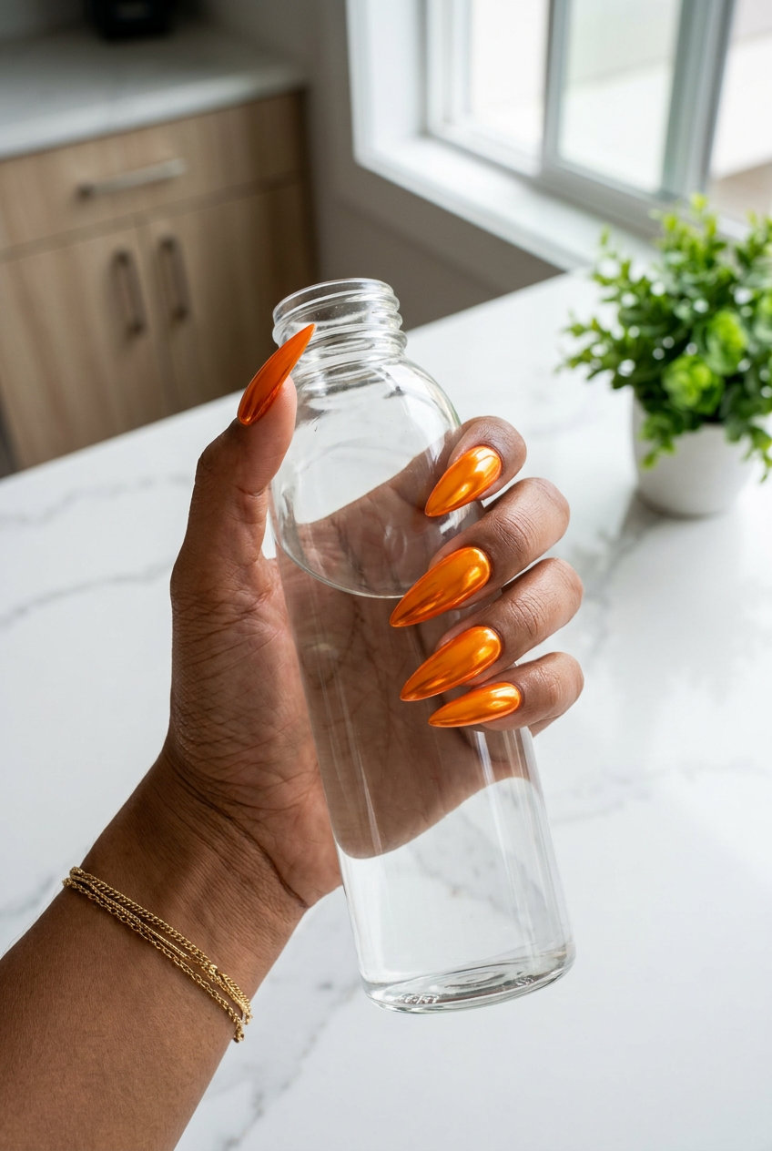 Citrus Peel Chrome nails: high-reflection orange chrome on extra-long stiletto nails for a futuristic party look. Orange summer nails 2026.