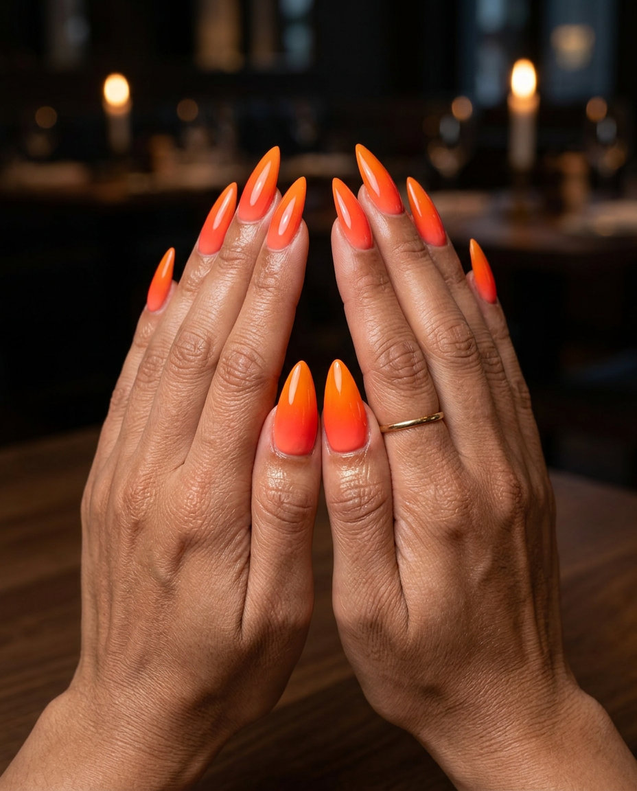 Fiery coral to orange stiletto nails with a high-gloss finish. Orange summer nails 2026.