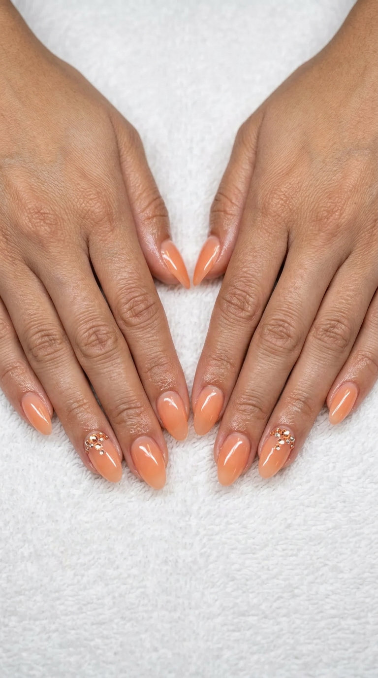 Sheer peachy-orange oval nails with rhinestone accents for date night. Orange summer nails 2026.