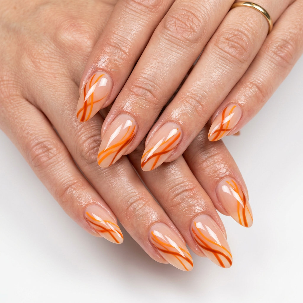 Edgy orange summer nails 2026 with fiery abstract lines on medium square nails. Perfect for festivals.