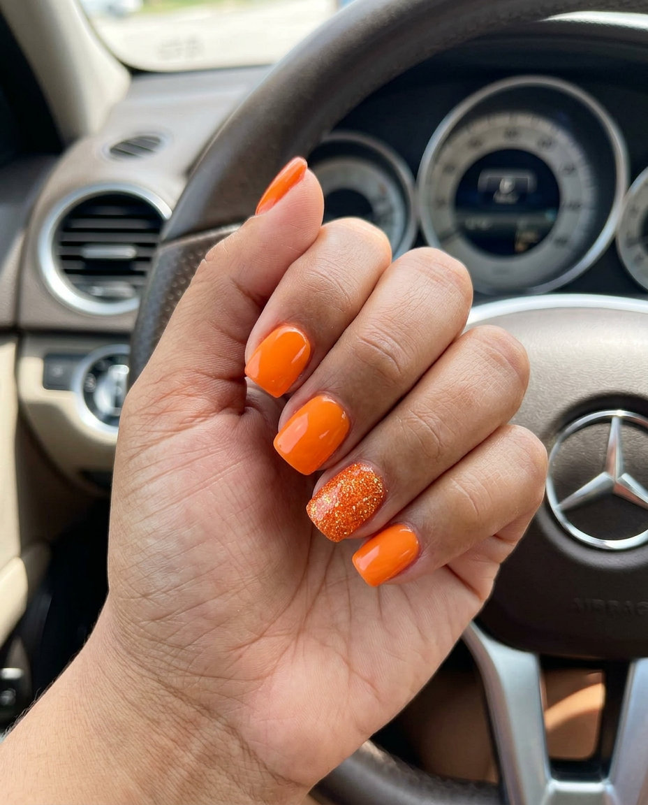 Playful orange summer nails 2026 with vibrant glitter accent on short square nails. Fun for parties.