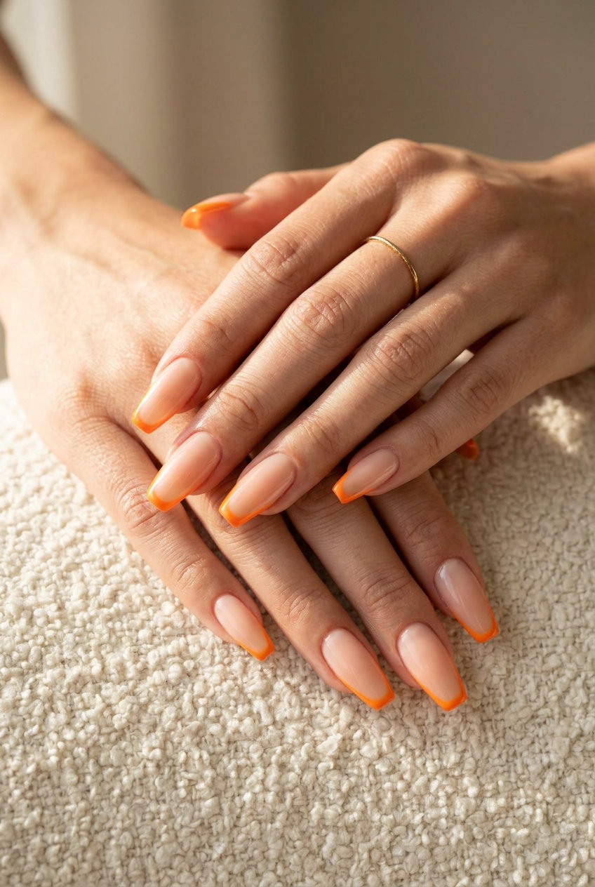 Chic orange summer nails 2026 with micro French tip on short square nails. Minimalist and elegant.