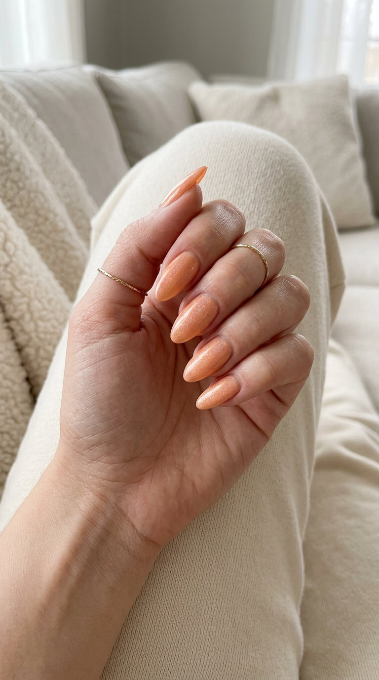 Dreamy Peach Holographic Shimmer nails: soft peach orange with holographic glints for vacation vibes. Orange summer nails 2026.