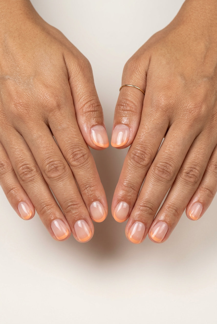 Minimalist orange summer nails 2026 with sheer peach French tips on long tapered nails. Work appropriate.