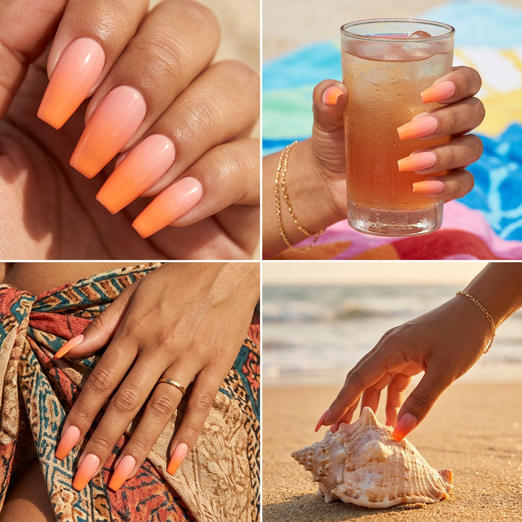 Peachy-pink to tangerine orange gradient coffin nails for summer vacation. Orange summer nails 2026.