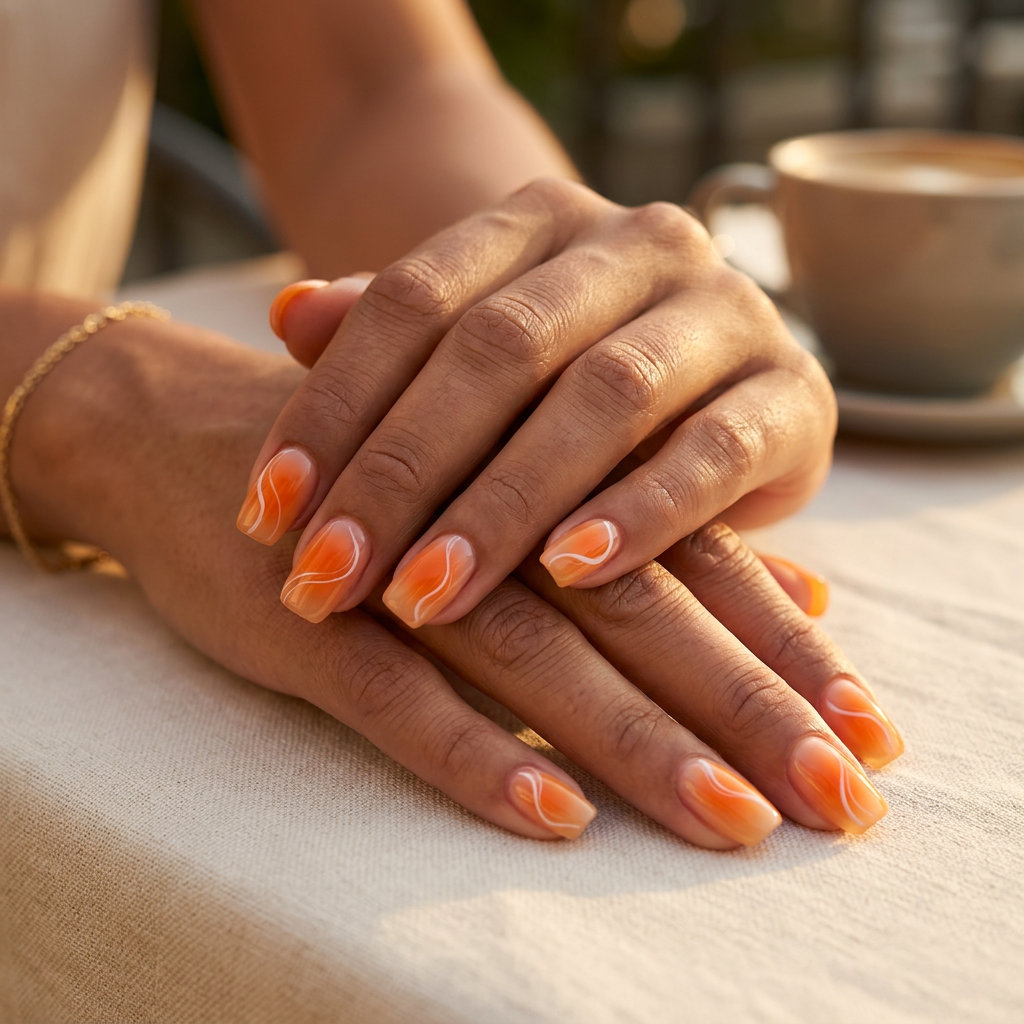 Tangerine Aura Swirls nails: soft orange aura with white swirls on a nude base for a whimsical vacation look. Orange summer nails 2026.