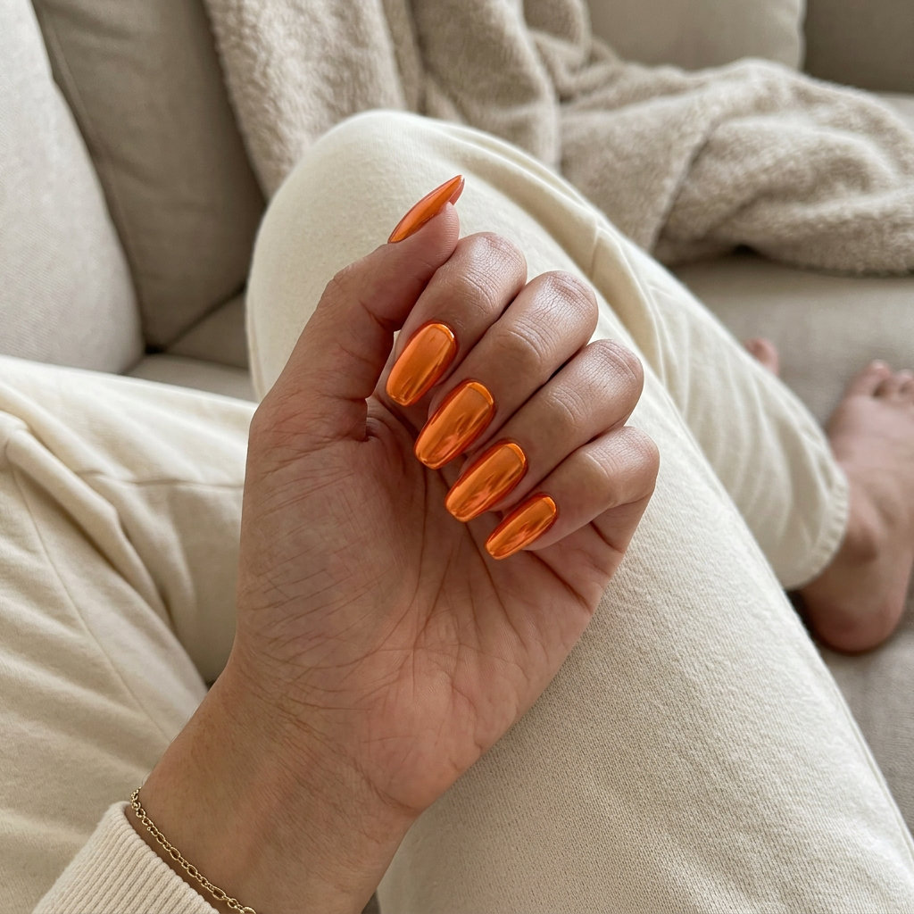 Tangerine Chrome Reverse French nails: orange chrome at the cuticle on medium coffin nails for an edgy look. Orange summer nails 2026.