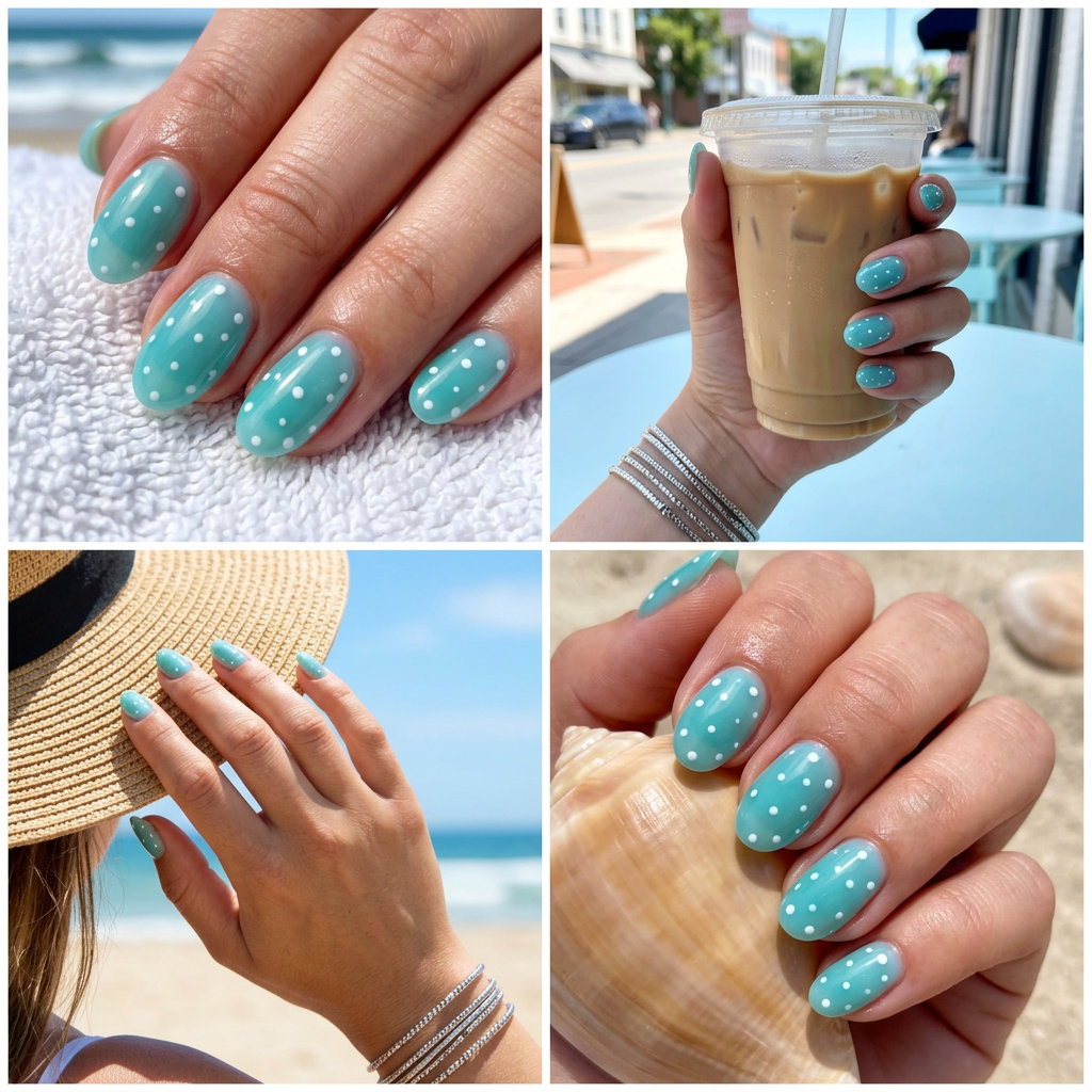 Aqua Jelly with White Dots oval summer nails 2026 for all skin tones: playful vacation vibe.
