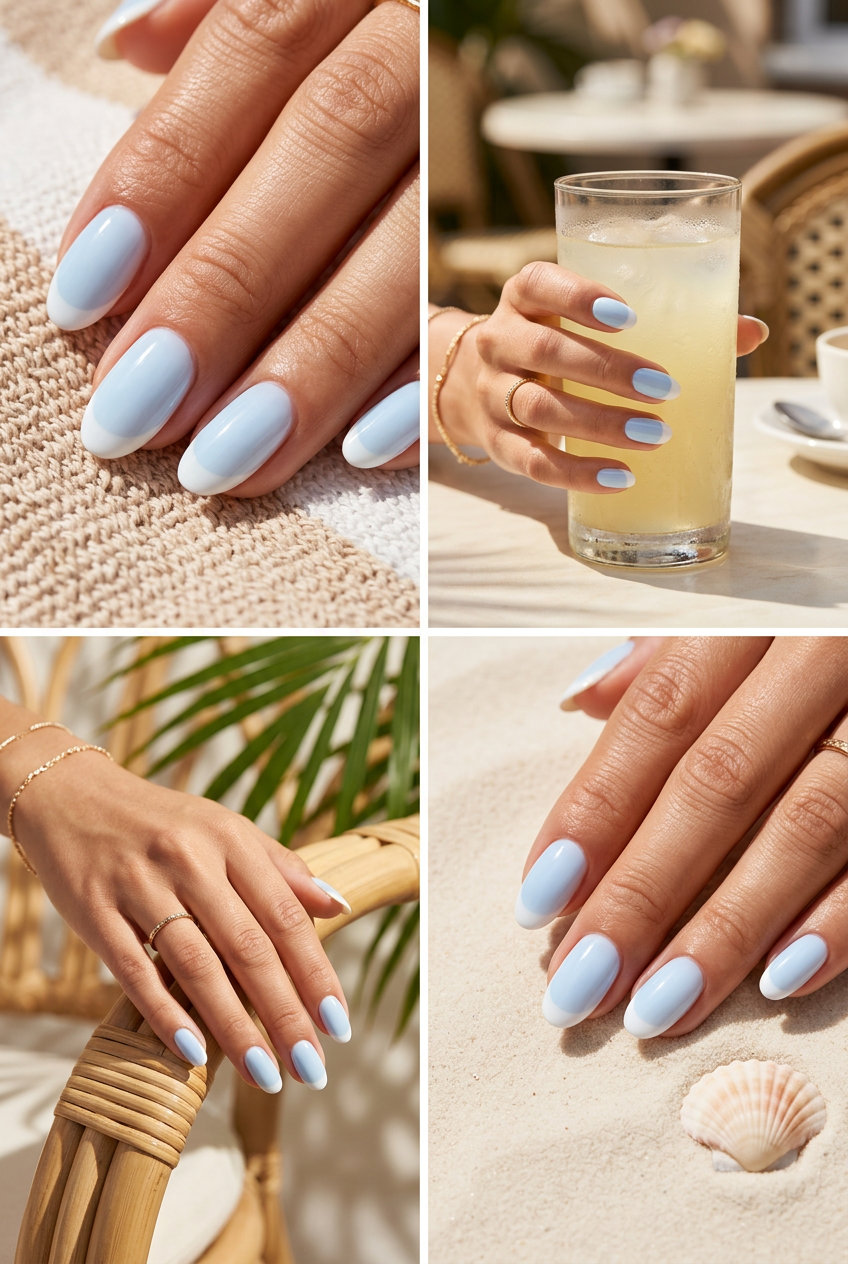 Oval summer nails 2026: Milky baby blue with a soft white rounded French tip, perfect for casual picnics.
