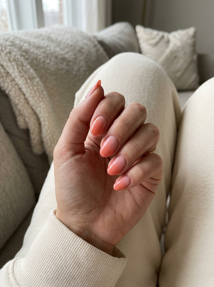 Sunset Coral-Pink Ombre oval summer nails 2026 for all skin tones: romantic vacation vibes.