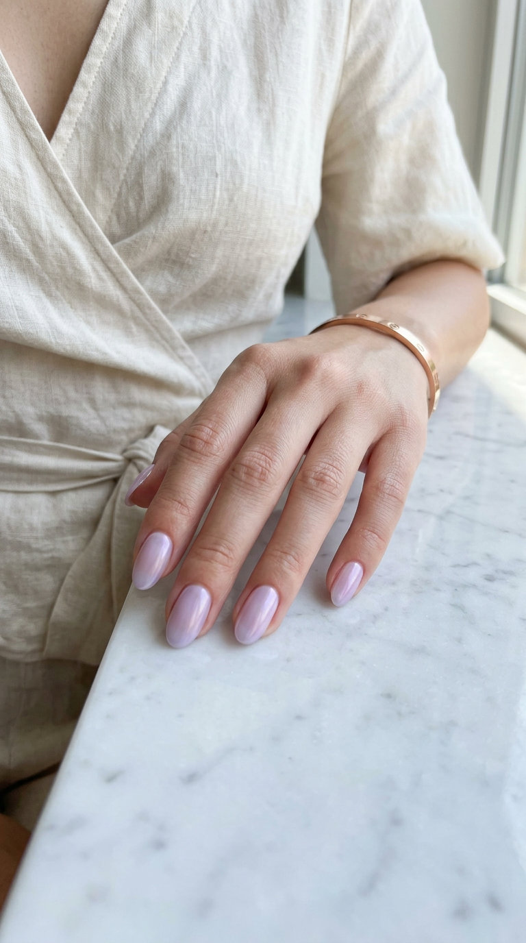 Lavender Haze Pearlescent Oval nails for oval summer nails 2026. Romantic wedding guest & date night look.
