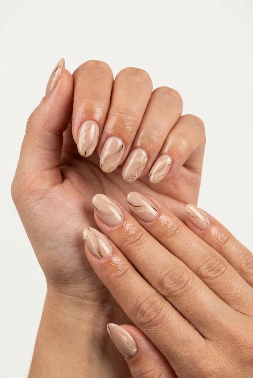 Nude Beige Marble Elegance nails for oval summer nails 2026. Sophisticated daily & business wear.