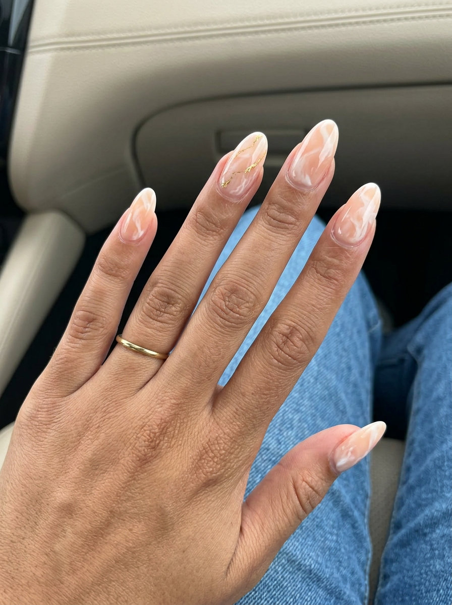 Peachy Marble Elegance nails for oval summer nails 2026. Sophisticated wedding guest & date night.