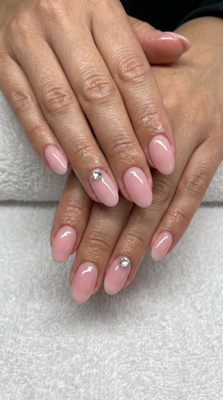 Delicate Pink Sparkle oval summer nails 2026 for all skin tones: chic party and night out style.