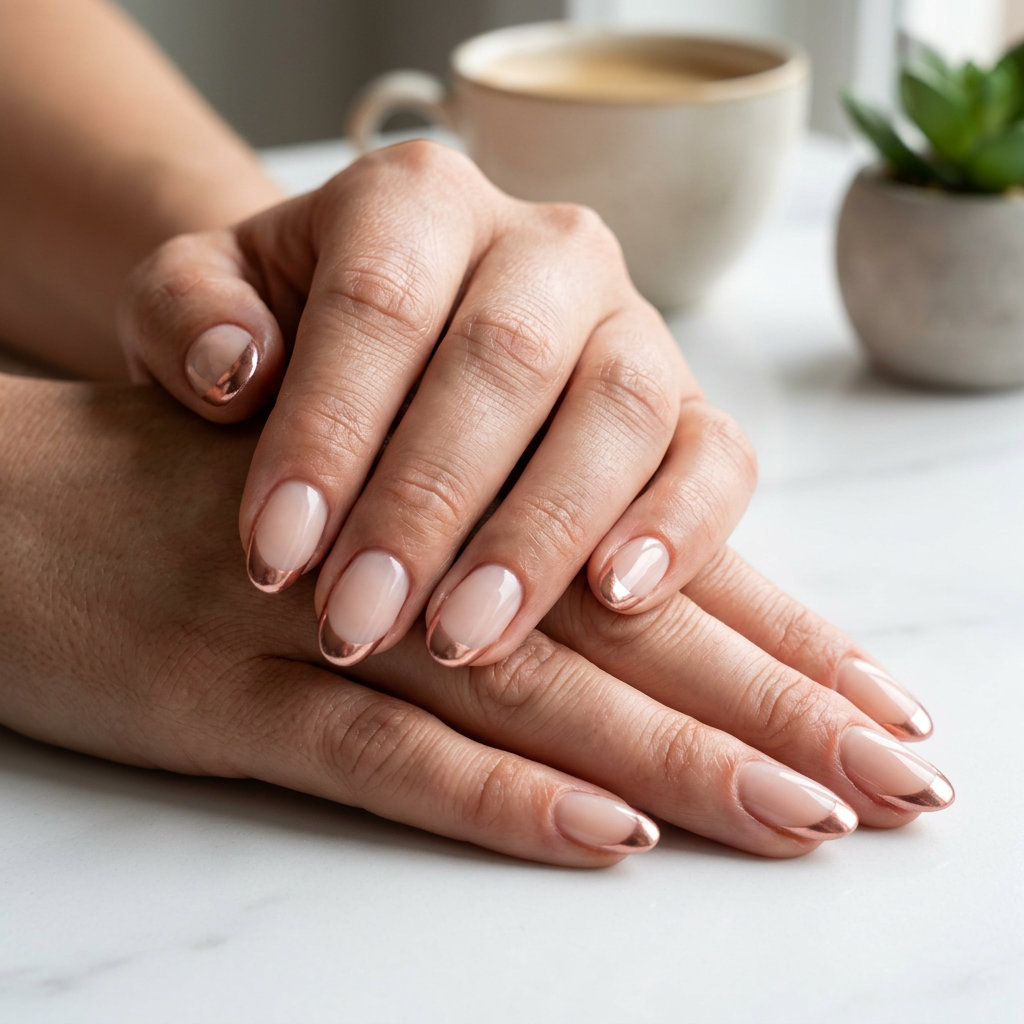 Oval summer nails 2026: Rose gold chrome French tip on a sheer nude base, perfect for events and date nights.