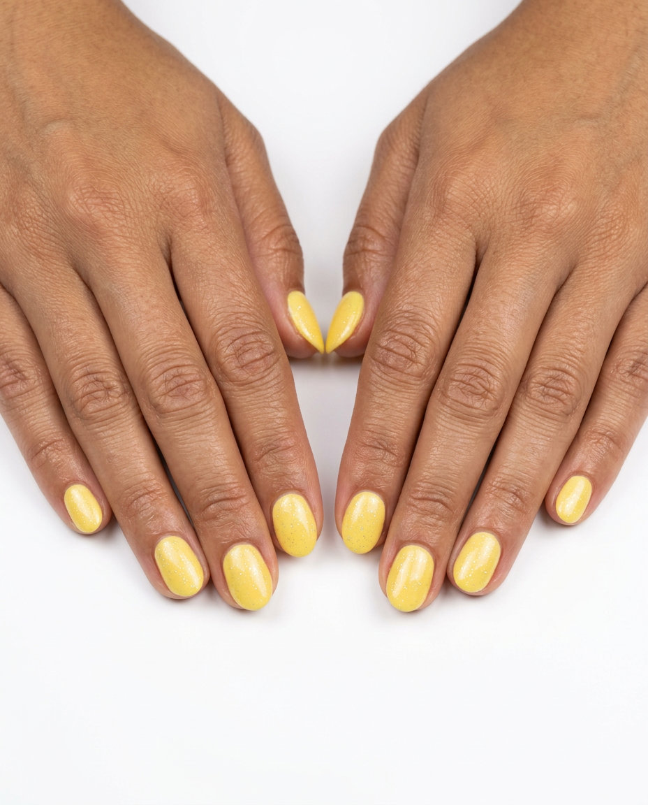 Sparkling Butter Yellow nails for oval summer nails 2026. Playful casual & picnic style.