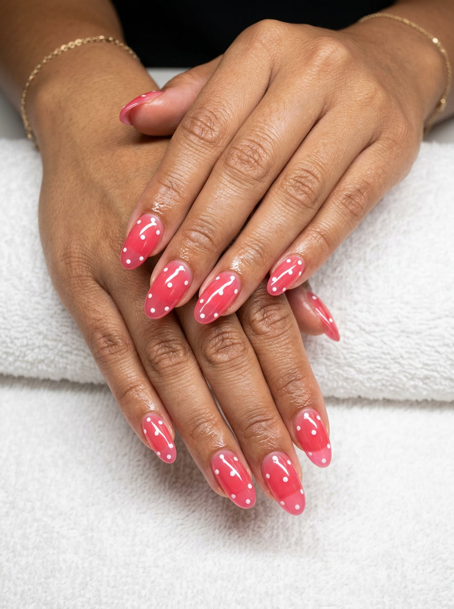 Watermelon Pink Jelly Dots nails for oval summer nails 2026. Fun festival & vacation style.