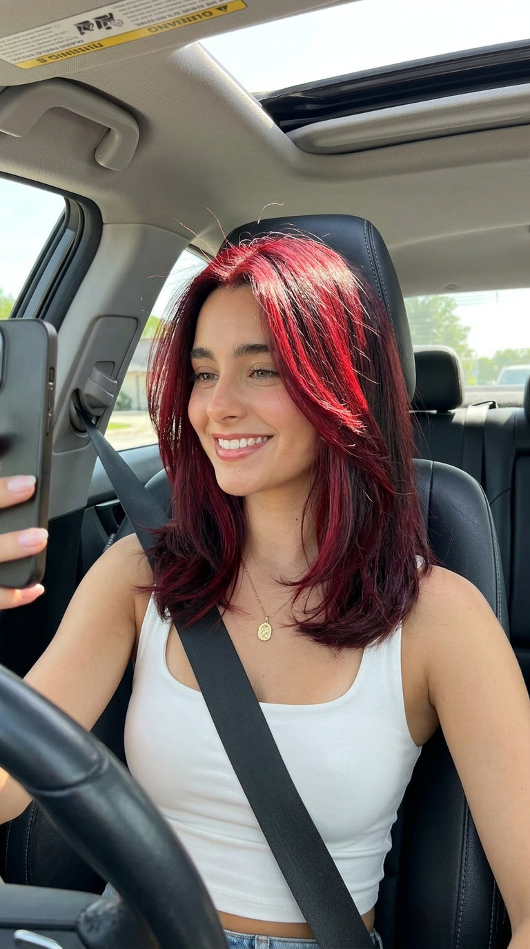 long oxblood red face-framing highlights with cool violet undertones, isolated foil application — dramatic summer hair color ideas 2026