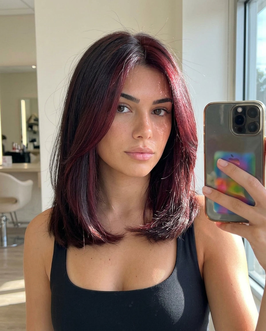long oxblood red face-framing with vibrant crimson, permanent dye for bold drama