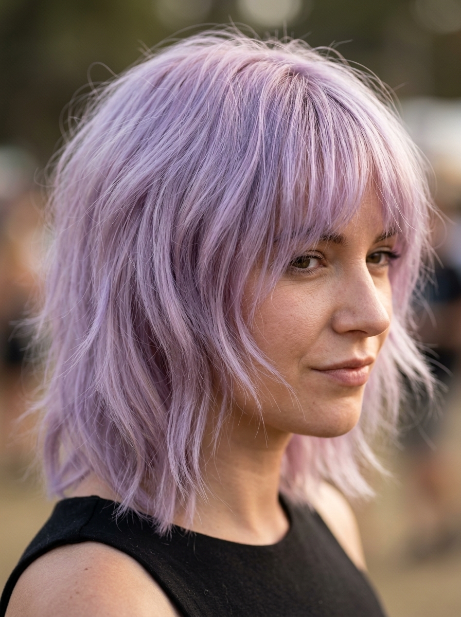 Pastel Lavender Shag Haircut 2026 chin-length shag haircut with pastel lavender color, silver-pink undertones, bottleneck bangs — ethereal, playful