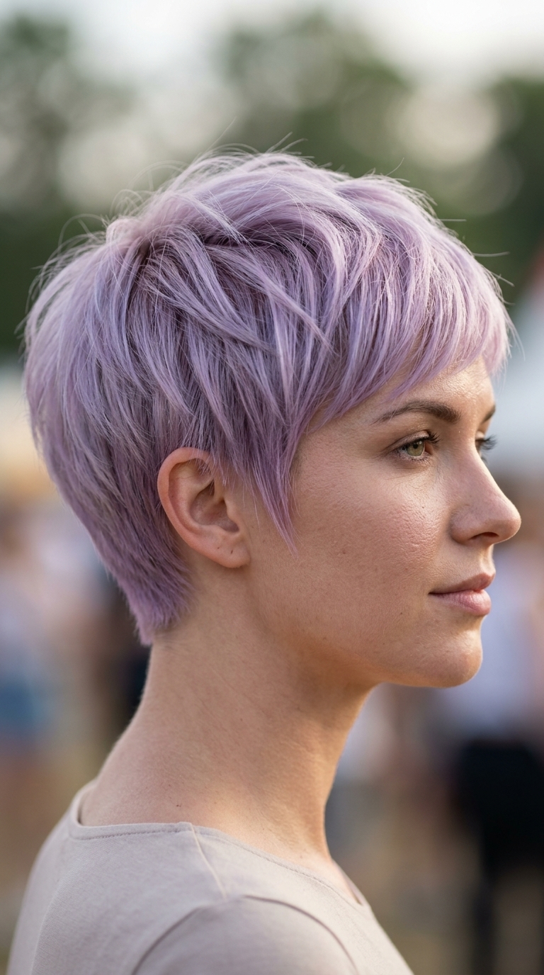 very short pixie haircut with pastel lavender and micro-fringe for summer 2026