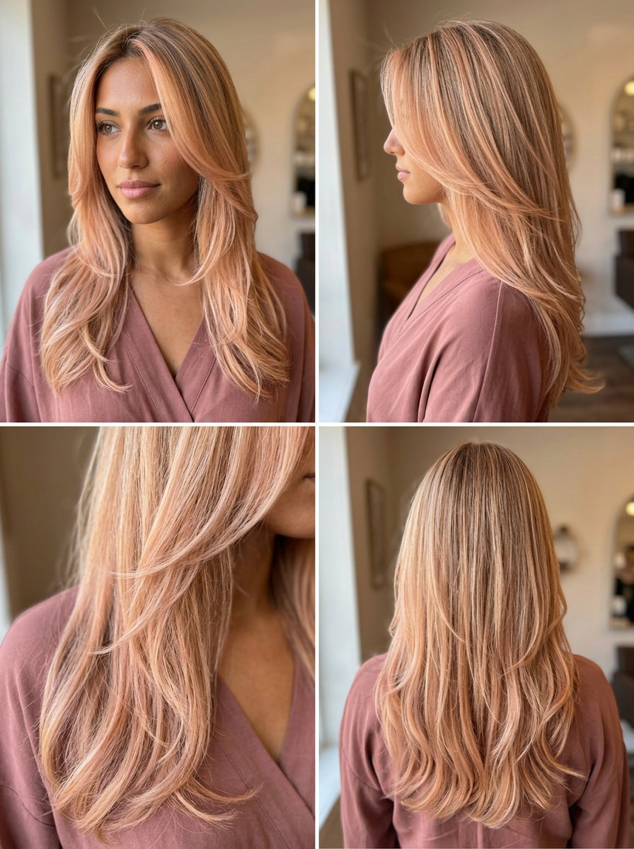 long layered haircut in pastel peach balayage, soft face-framing, diffused ends — romantic ethereal waves