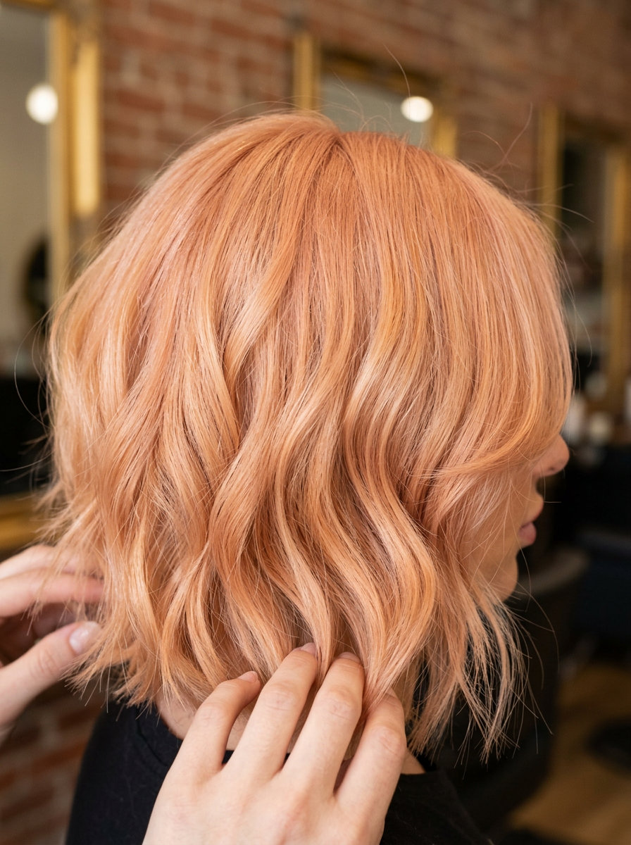 short pastel peach tousled bob with face-framing pieces for whimsical romance