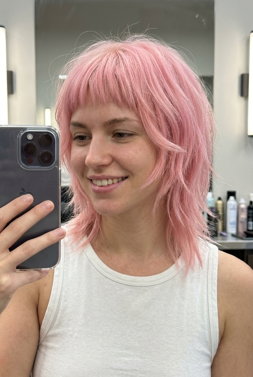 Cotton Candy Wolf Cut 2026 short layered wolf cut in cotton candy pastel pink with micro-bangs for festivals