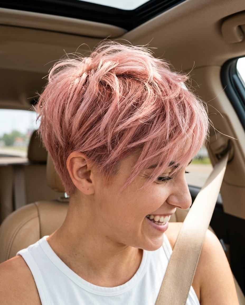 very short pixie haircut in pastel pink with rose gold undertones, textured layers, wispy fringe — playful music festival look