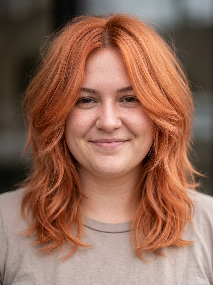 Peachy Kitty Cut: Edgy Summer Haircut 2026 short peach fuzz copper wolf cut with textured layers and side-swept fringe for summer