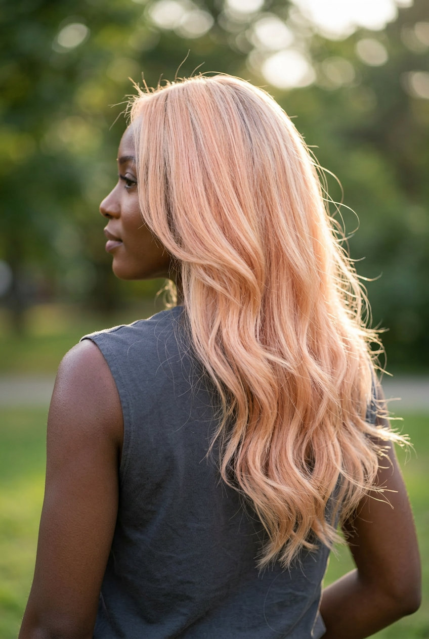 long layered haircut in peach fuzz balayage with blonde base, soft V-cut back, no bangs — playful summer vibes