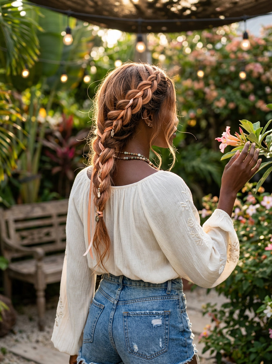long side braid with peach fuzz balayage and apricot ribbons, loose French braid technique, no fringe — playful boho look