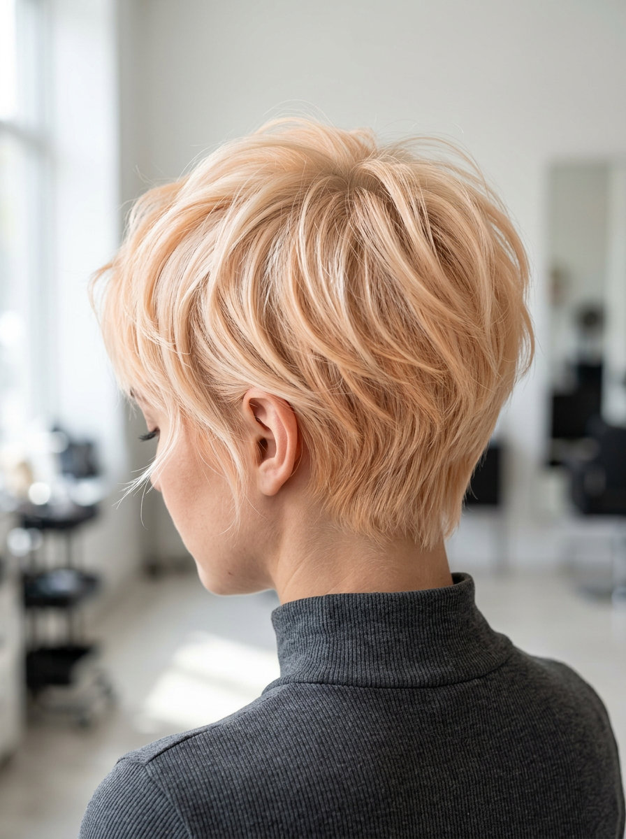 short pixie with peach fuzz blonde and apricot undertone, textured layers — playful edgy