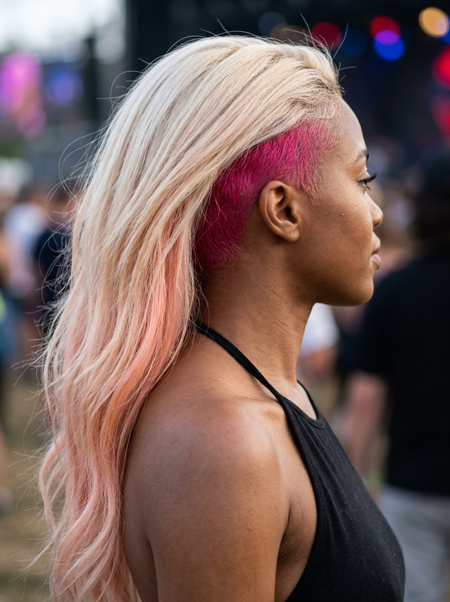 long textured haircut with pastel peach fuzz balayage, vibrant pink undercut, and razored ends for music festival