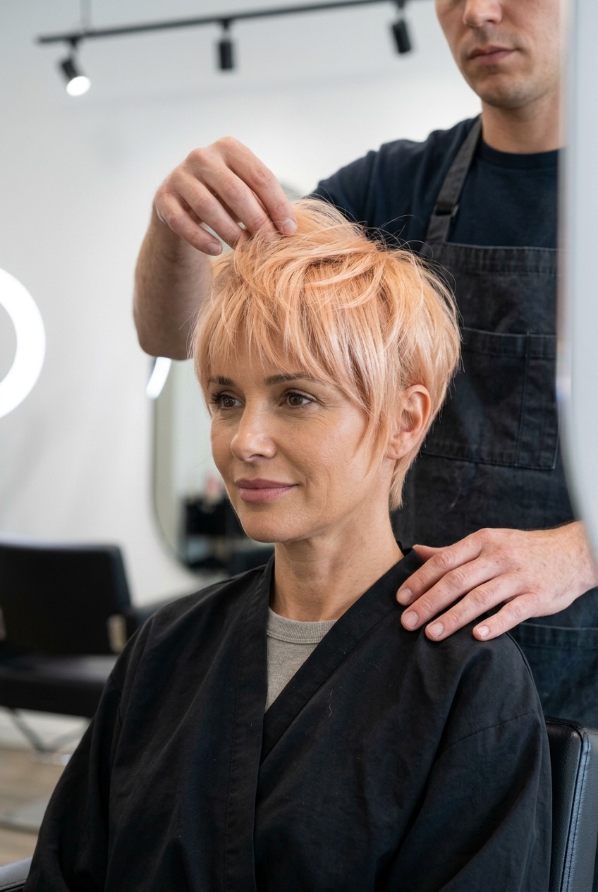 short pixie haircut in peachy blonde with apricot glaze and wispy fringe
