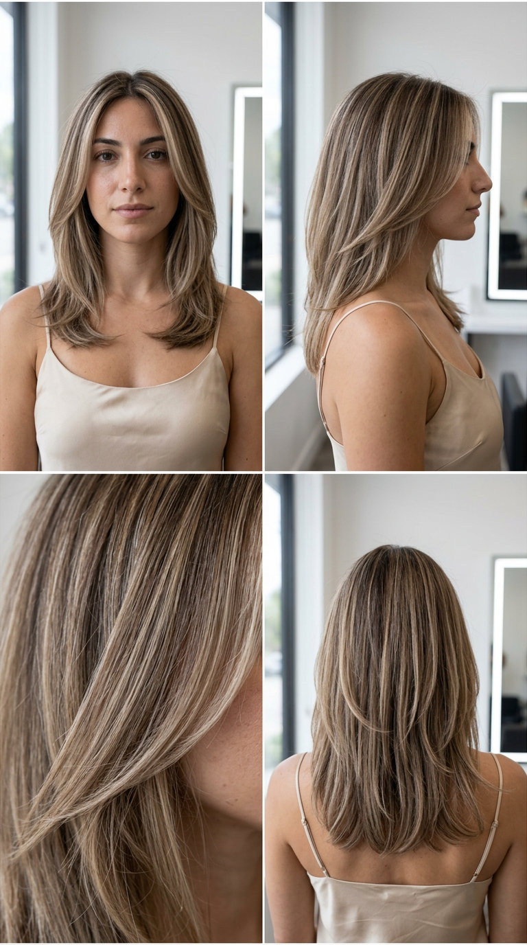 long layered haircut with pecan sandie highlights and medium brown base, teasylights technique for natural
