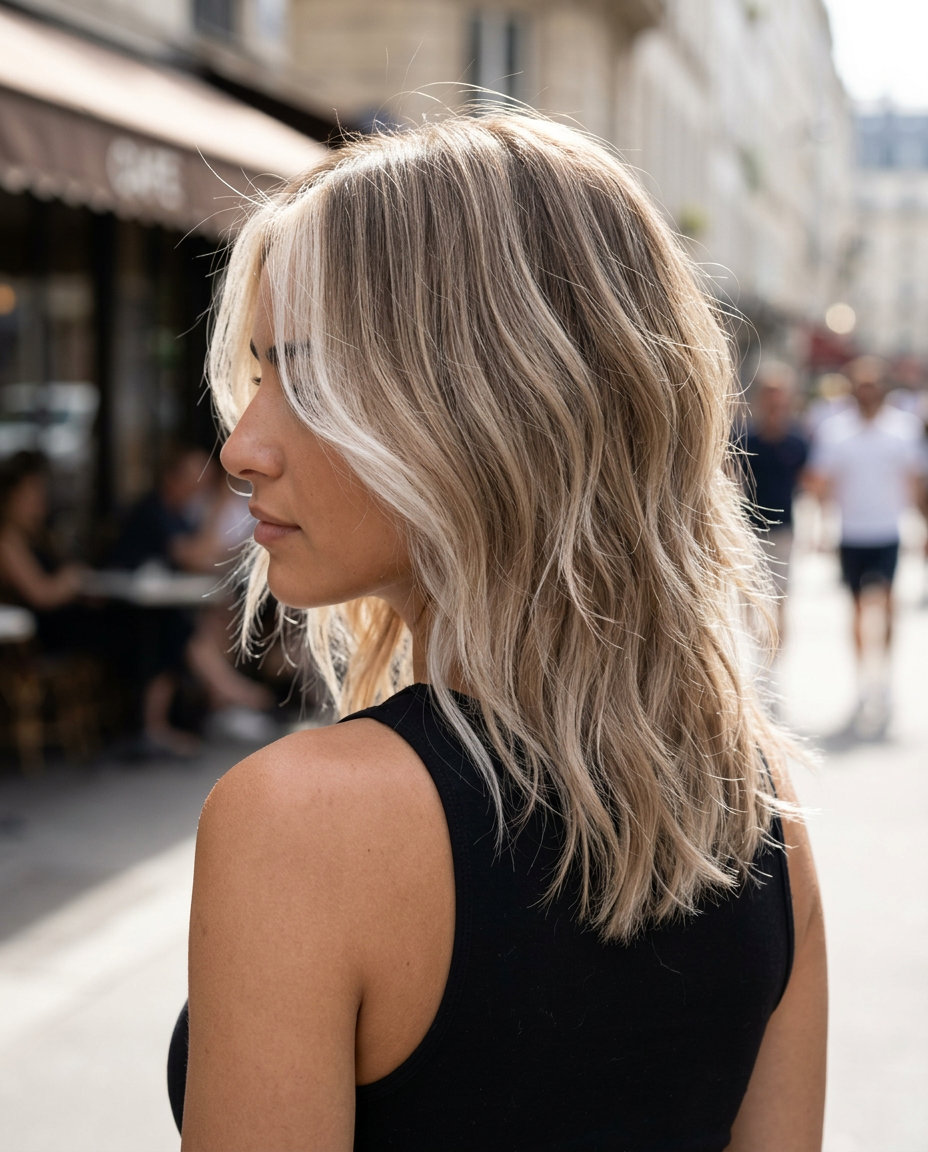 long shag with platinum face-frame and beige bronde, choppy layers — edgy effortless