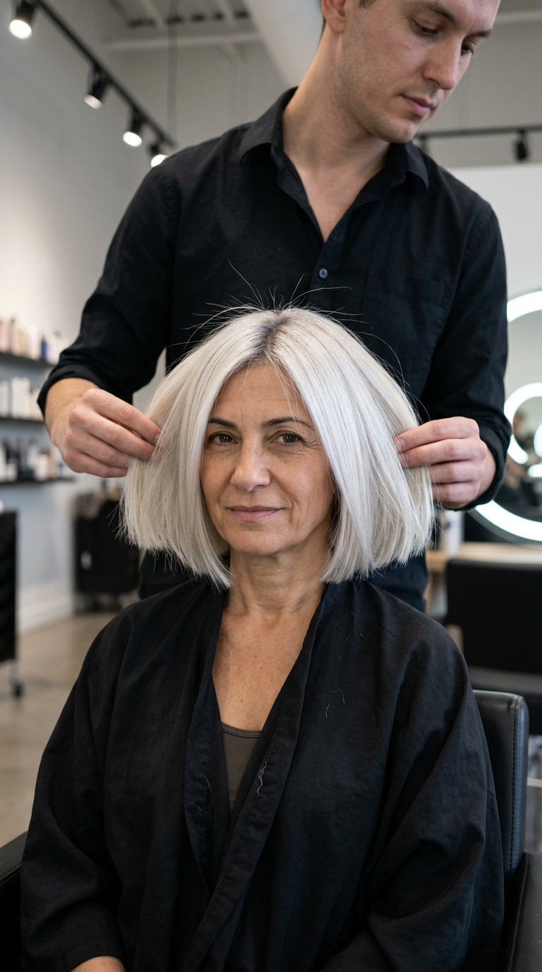 chin-length platinum blonde bob haircut with undercut and deep side part for edgy look