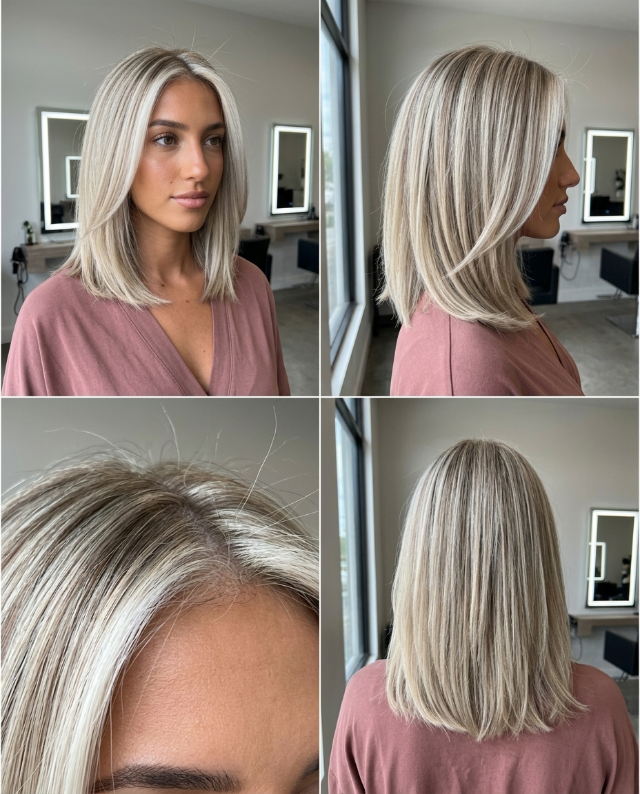 Nordic Summer Platinum Lob 2026 medium lob haircut with platinum blonde, ash blonde base, wispy face-framing pieces — cool-toned