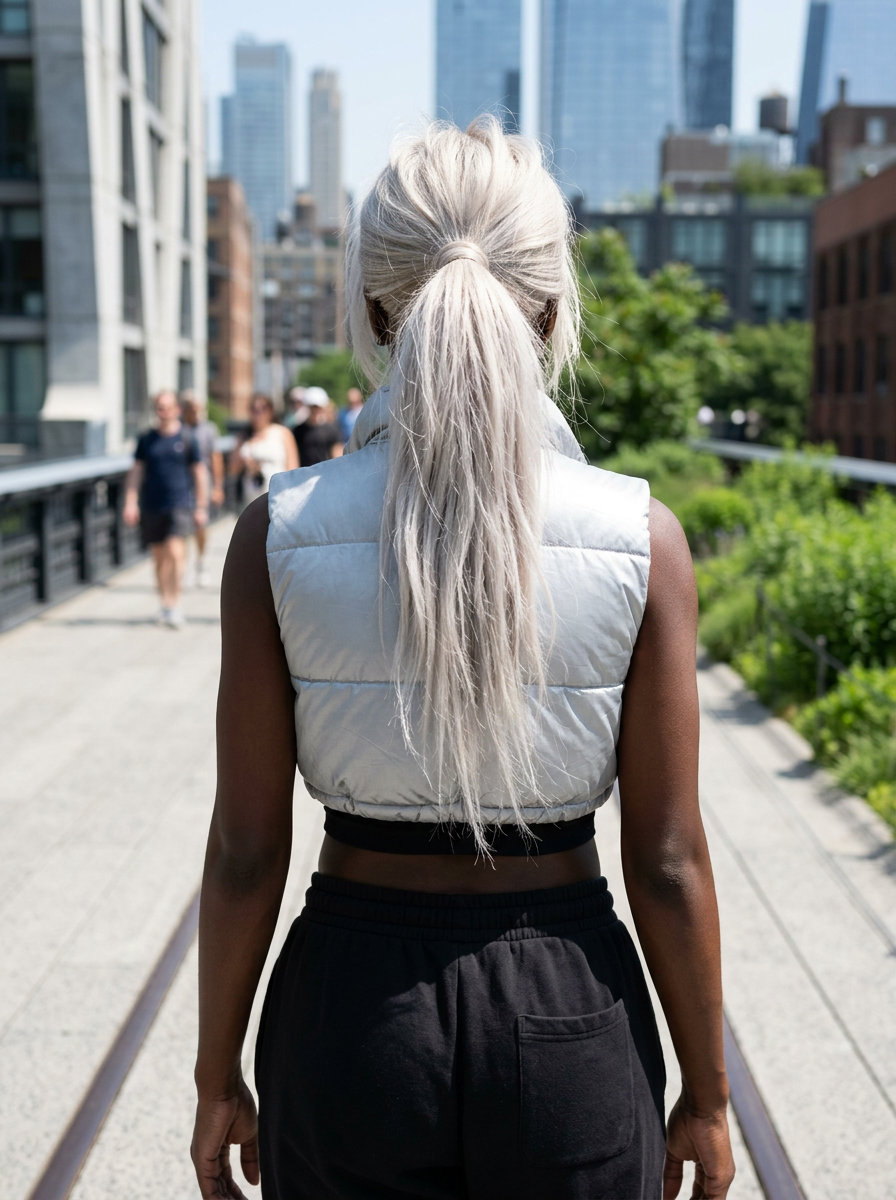 medium-long icy platinum blonde ponytail with silver ash toner and textured ends for edgy festival looks