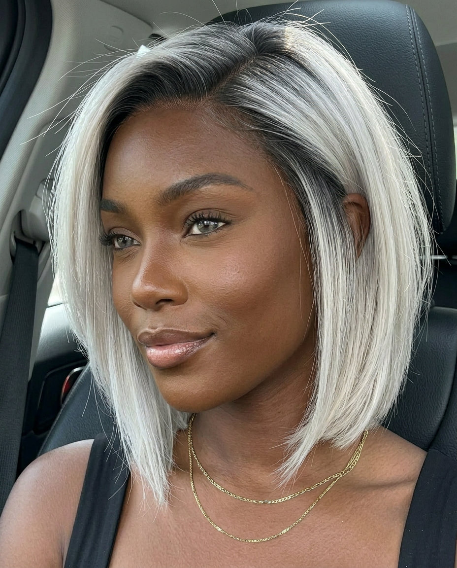 Edgy Platinum Ombré Bixie 2026 short platinum blonde ombré bixie with charcoal grey roots and deep side part for festivals