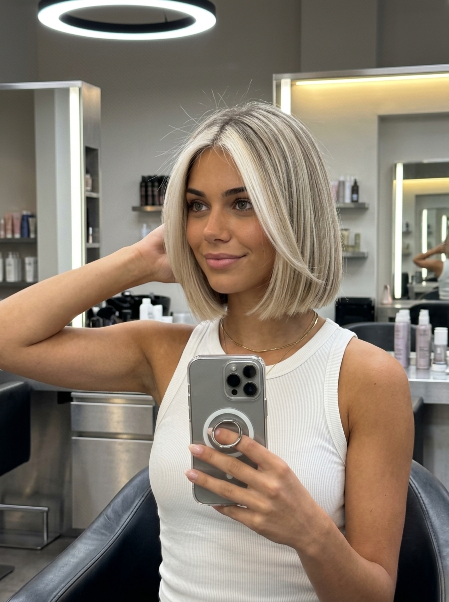 short blunt bob haircut with platinum blonde hairline highlights and cool beige interior for edgy sophistication