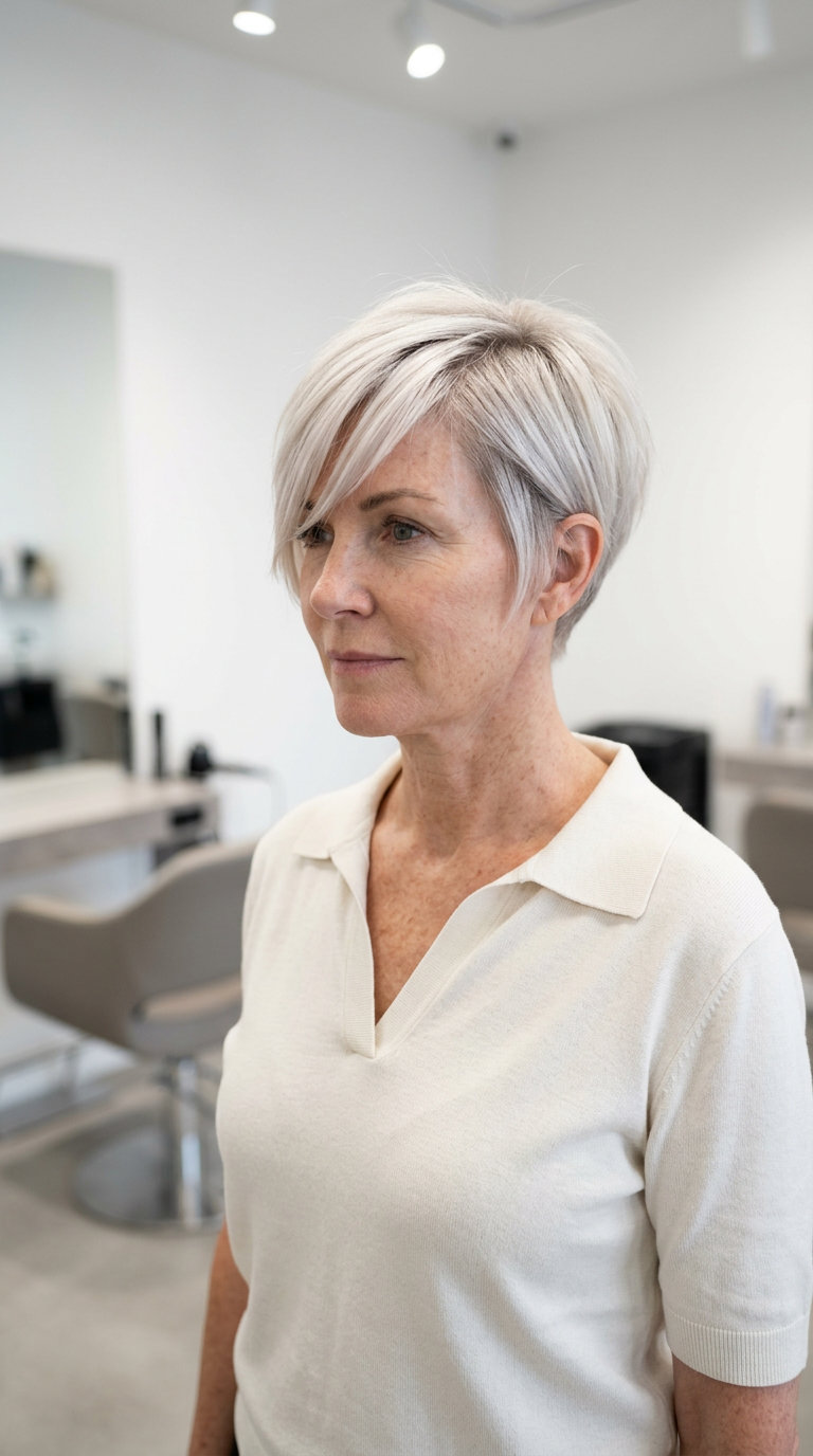 short razored pixie haircut in cool platinum blonde with ash root shadow and side-swept fringe for modern edgy look