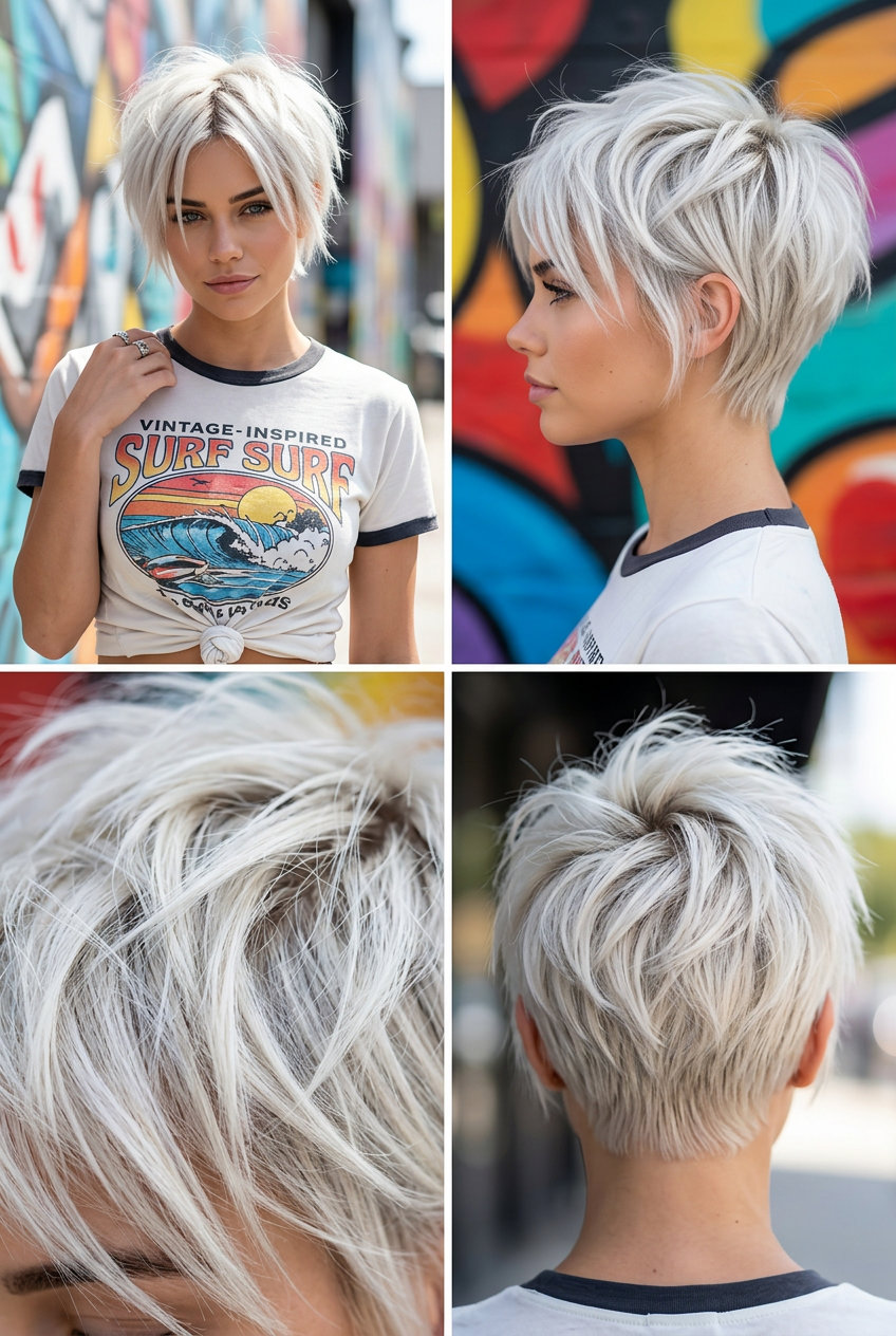 short cool platinum blonde pixie haircut with textured layers and shadowed roots for concerts