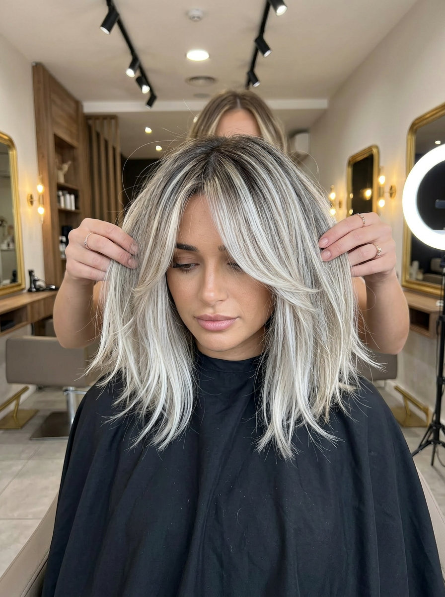 shoulder-length lob with platinum blonde highlights, A-line shape, curtain bangs — edgy modern