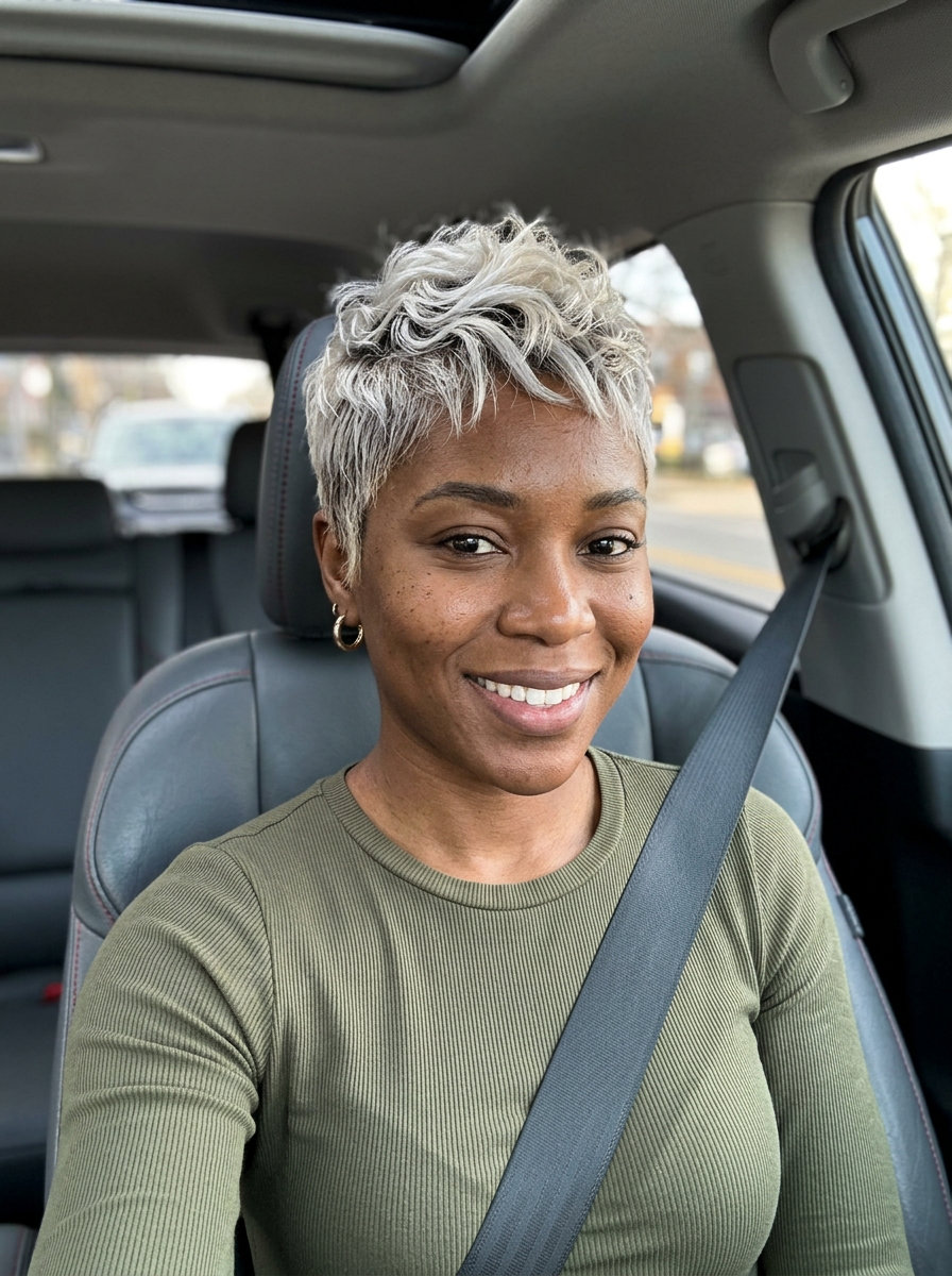 very short wavy pixie haircut in platinum blonde with silver toner and spiky texture for festivals
