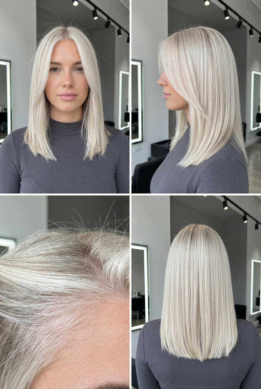 long sleek hair with platinum blonde and icy face-frame, minimal layers — bold edgy