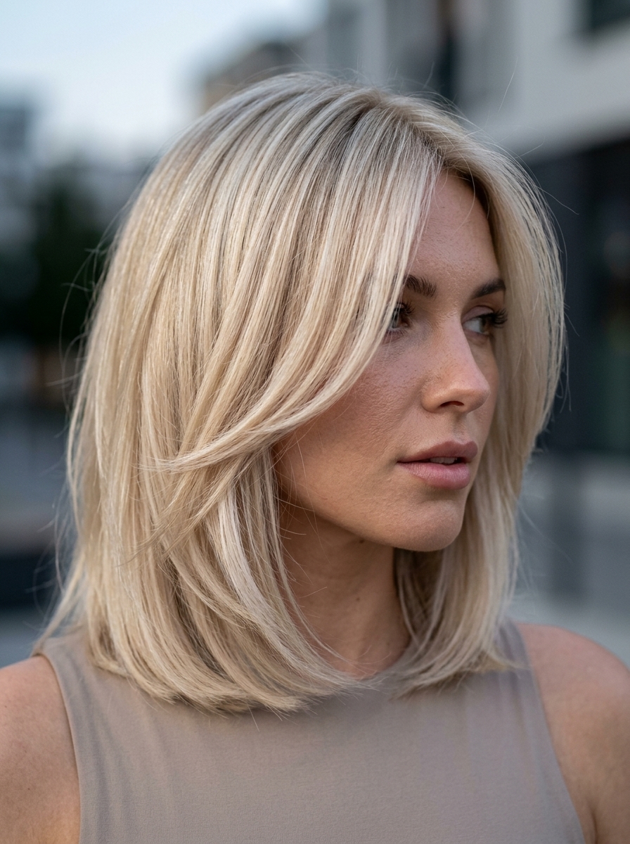 medium layered haircuts with icy platinum blonde & silver, feathered layers, curtain bangs — edgy sophisticated