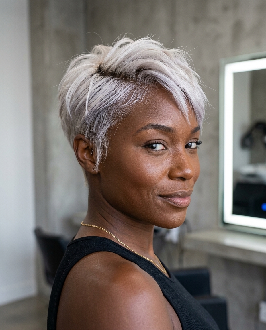short bixie haircut in icy platinum blonde with Scandi-Sliver face-framing, razored texture, no bangs for edgy look