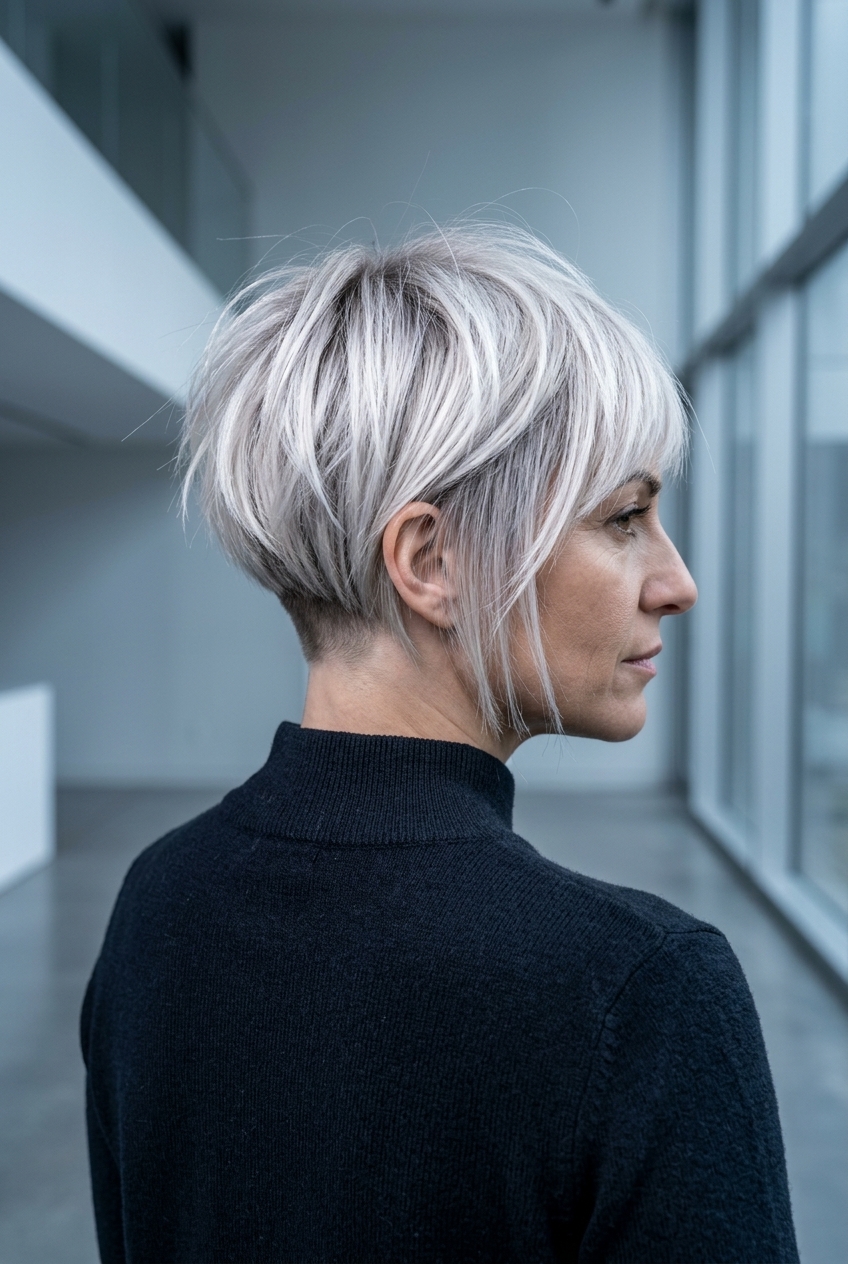 Platinum Wispy Bixie Haircut 2026 short icy platinum bixie haircut with cool ash root smudge and wispy fringe for summer